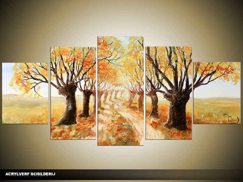 Acryl Schilderij Natuur | Bruin, Oranje, Geel | 150x70cm 5Luik Handgeschilderd