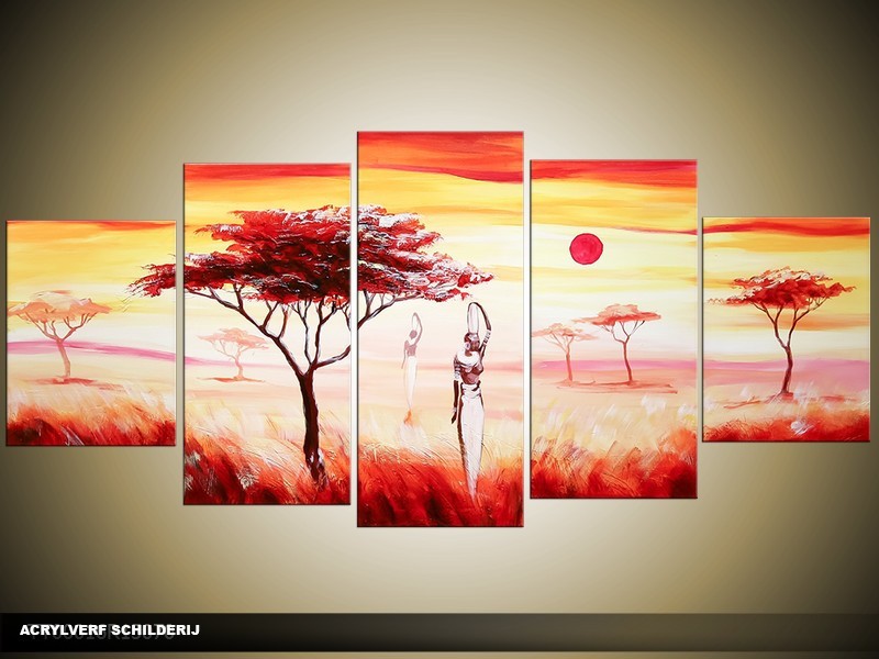 Acryl Schilderij Natuur | Oranje, Crème, Rood | 150x70cm 5Luik Handgeschilderd