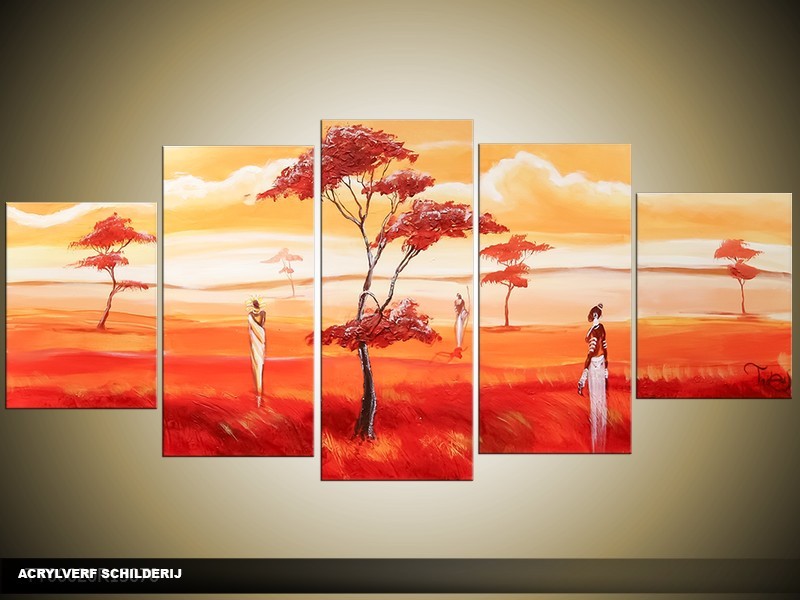 Acryl Schilderij Natuur | Rood, Oranje, Geel | 150x70cm 5Luik Handgeschilderd