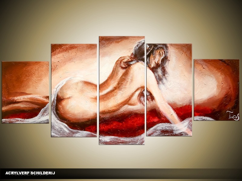 Acryl Schilderij Kunst, Sexy | Rood, Crème | 150x70cm 5Luik Handgeschilderd