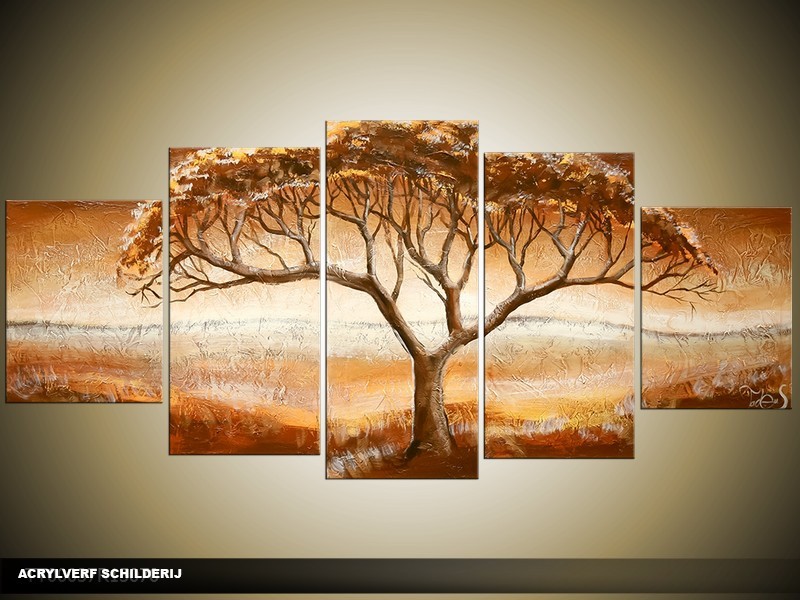 Acryl Schilderij Natuur | Bruin, Crème, Geel | 150x70cm 5Luik Handgeschilderd