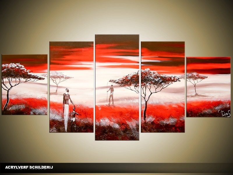 Acryl Schilderij Natuur | Rood, Crème | 150x70cm 5Luik Handgeschilderd