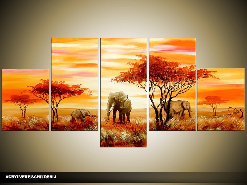 Acryl Schilderij Natuur | Oranje, Geel, Rood | 150x70cm 5Luik Handgeschilderd