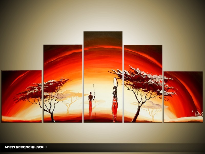 Acryl Schilderij Natuur | Rood, Crème, Zwart | 150x70cm 5Luik Handgeschilderd