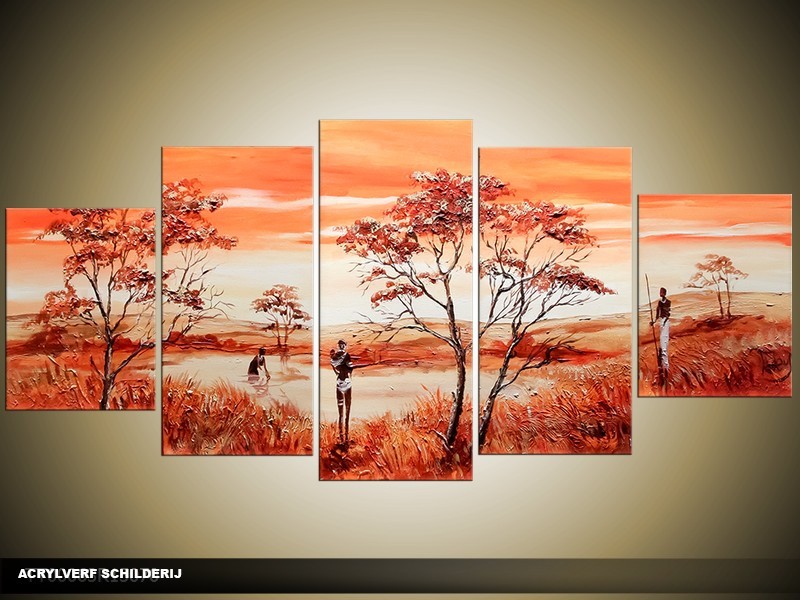 Acryl Schilderij Natuur | Bruin, Oranje, Crème | 150x70cm 5Luik Handgeschilderd