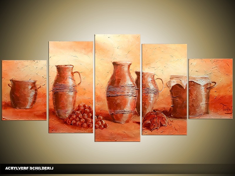 Acryl Schilderij Vazen | Bruin, Oranje | 150x70cm 5Luik Handgeschilderd