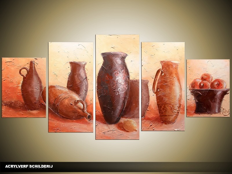 Acryl Schilderij Vazen | Bruin, Crème | 150x70cm 5Luik Handgeschilderd