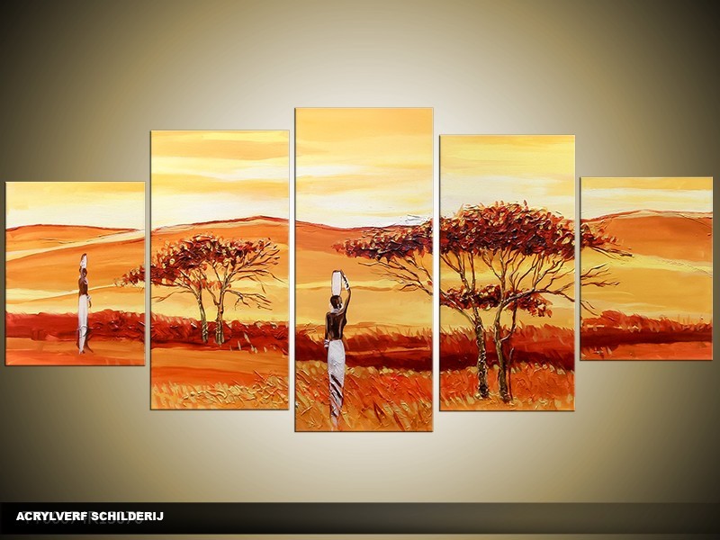 Acryl Schilderij Natuur | Geel, Oranje, Bruin | 150x70cm 5Luik Handgeschilderd