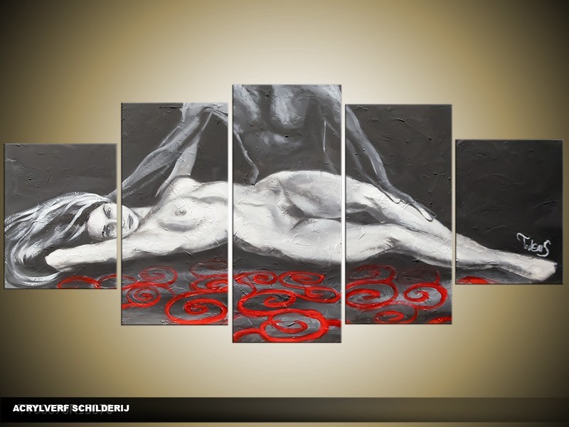 Acryl Schilderij Kunst, Sexy | Rood, Grijs, Zwart | 150x70cm 5Luik Handgeschilderd