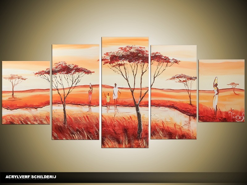 Acryl Schilderij Natuur | Rood, Bruin, Geel | 150x70cm 5Luik Handgeschilderd