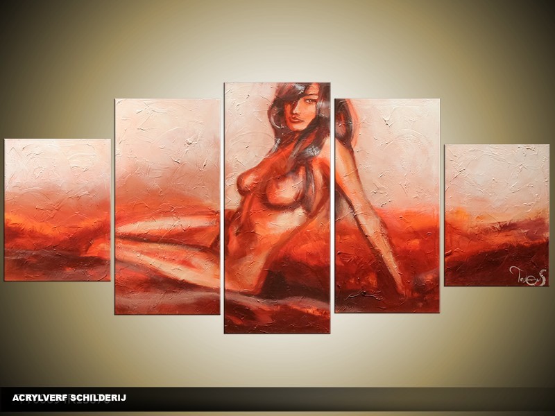 Acryl Schilderij Kunst, Sexy | Rood, Crème | 150x70cm 5Luik Handgeschilderd