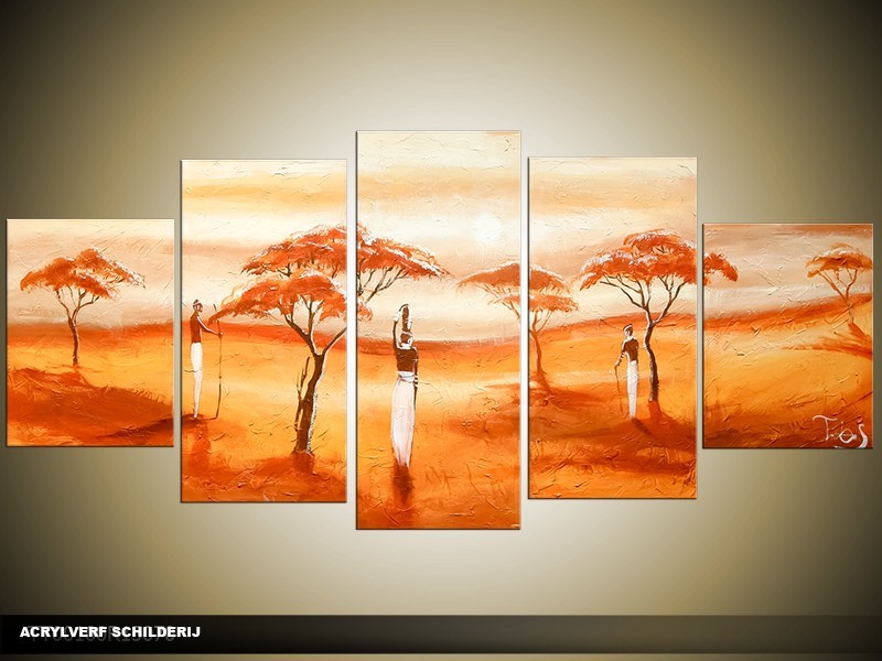 Acryl Schilderij Natuur | Oranje, Geel, Crème | 150x70cm 5Luik Handgeschilderd