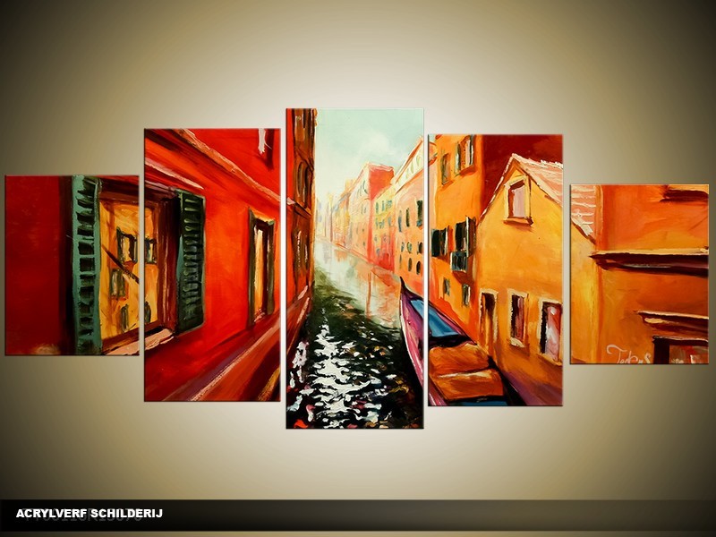 Acryl Schilderij Venetie | Rood, Oranje | 150x70cm 5Luik Handgeschilderd