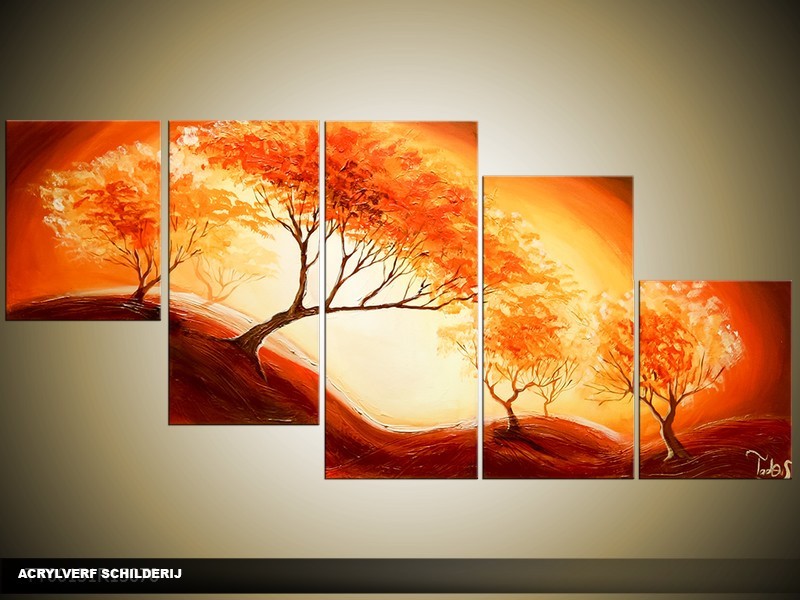 Acryl Schilderij Natuur | Oranje, Bruin, Geel | 150x70cm 5Luik Handgeschilderd