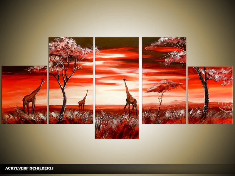 Acryl Schilderij Natuur | Rood, Crème | 150x70cm 5Luik Handgeschilderd