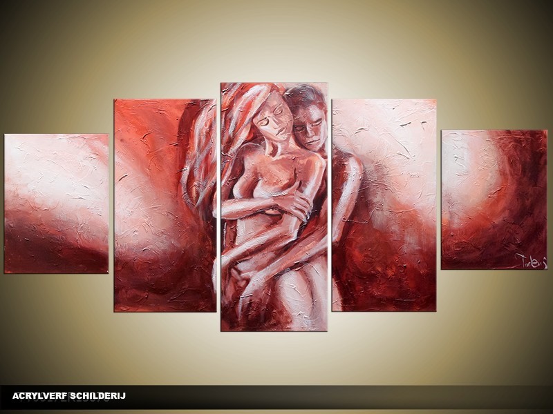 Acryl Schilderij Kunst, Sexy | Rood, Crème | 150x70cm 5Luik Handgeschilderd