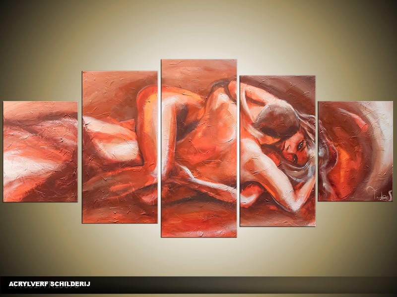 Acryl Schilderij Kunst, Sexy | Rood, Bruin | 150x70cm 5Luik Handgeschilderd