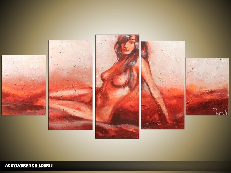 Acryl Schilderij Kunst, Sexy | Rood, Crème | 150x70cm 5Luik Handgeschilderd