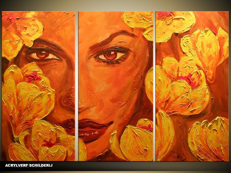 Acryl Schilderij Vrouw | Bruin, Oranje | 120x80cm 3Luik Handgeschilderd
