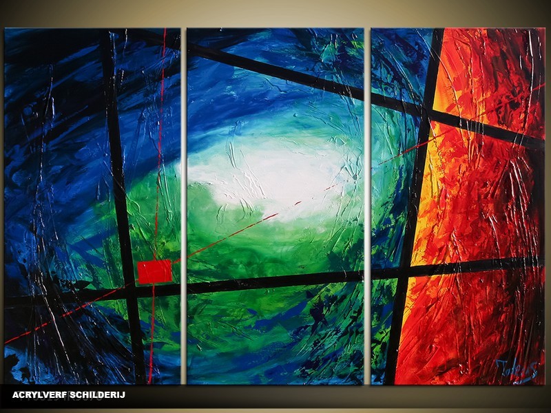 Acryl Schilderij Modern | Blauw, Groen, Rood | 120x80cm 3Luik Handgeschilderd