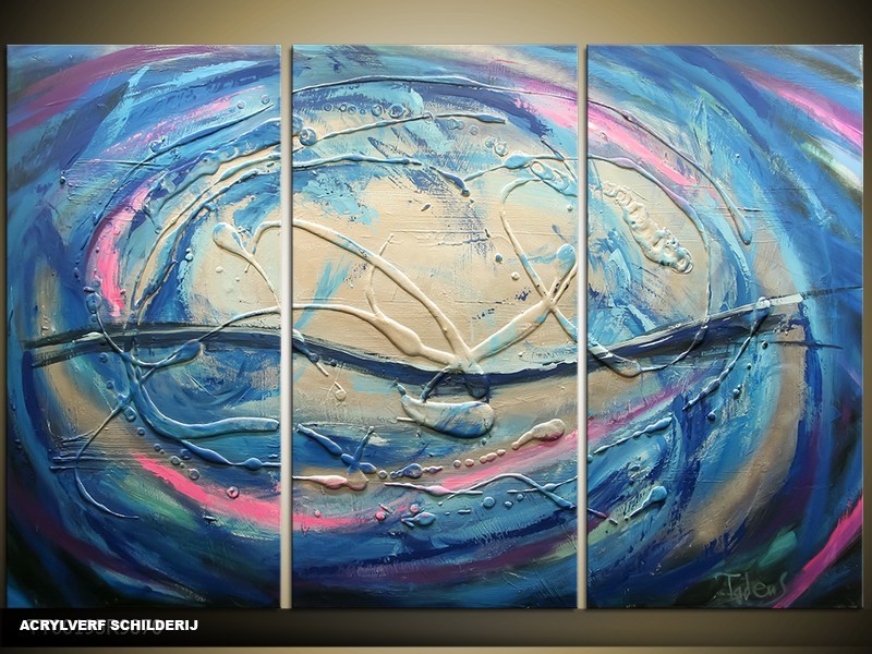 Acryl Schilderij Modern | Blauw, Crème, Roze | 120x80cm 3Luik Handgeschilderd
