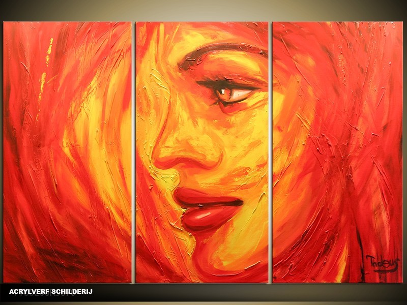 Acryl Schilderij Vrouw | Oranje, Rood, Geel | 120x80cm 3Luik Handgeschilderd