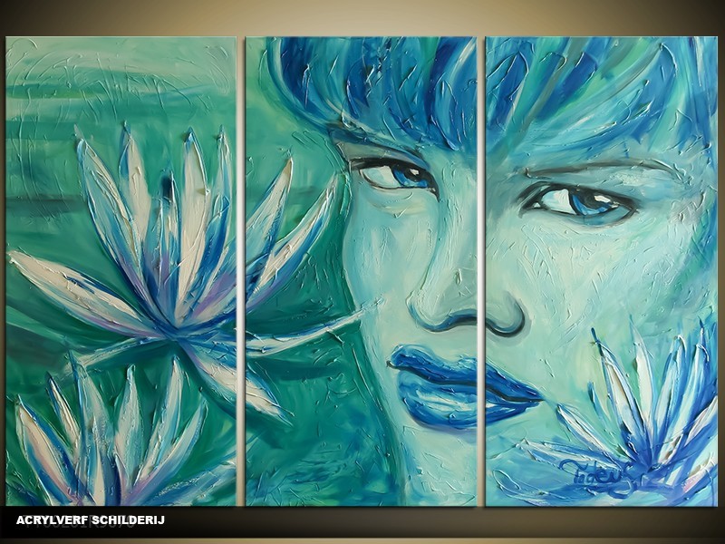Acryl Schilderij Vrouw | Blauw, Groen | 120x80cm 3Luik Handgeschilderd