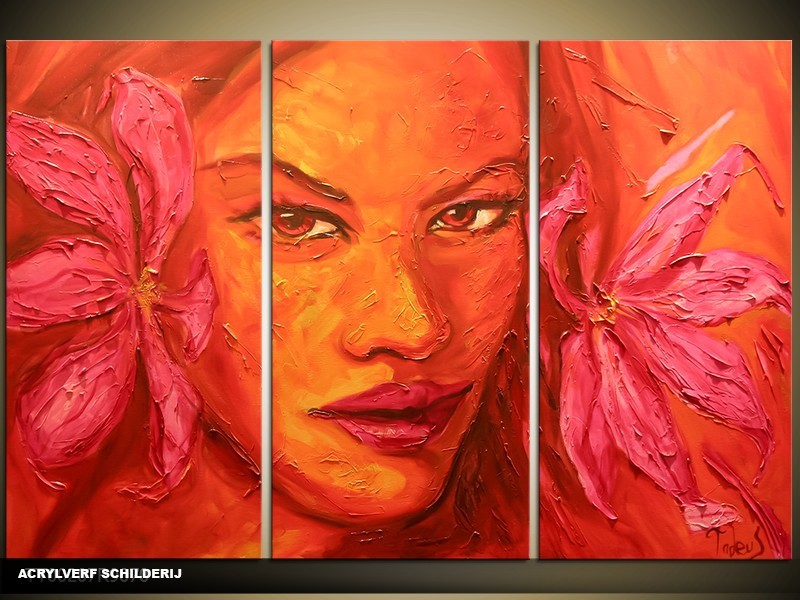 Acryl Schilderij Vrouw | Roze, Oranje | 120x80cm 3Luik Handgeschilderd