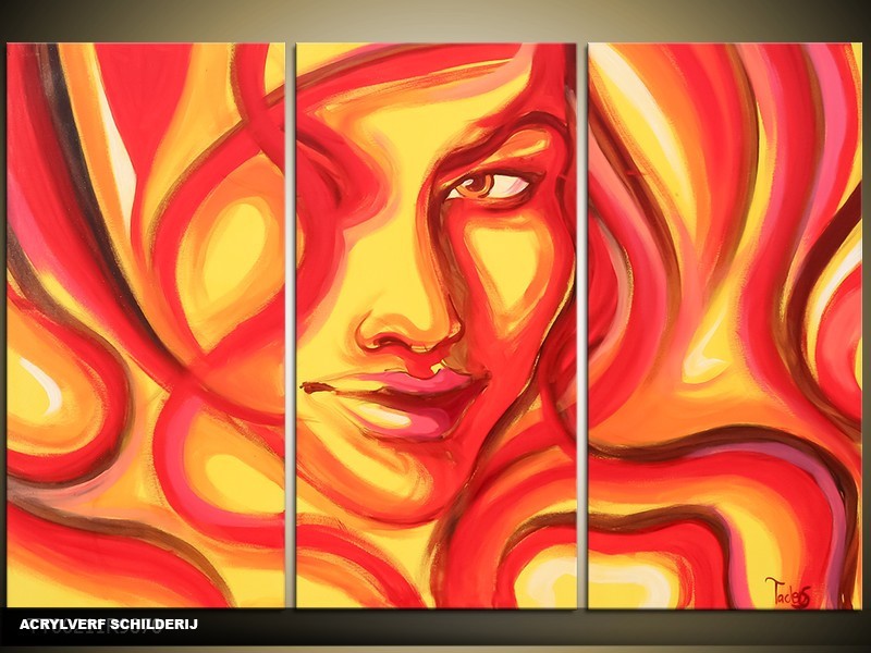 Acryl Schilderij Vrouw | Rood, Geel | 120x80cm 3Luik Handgeschilderd