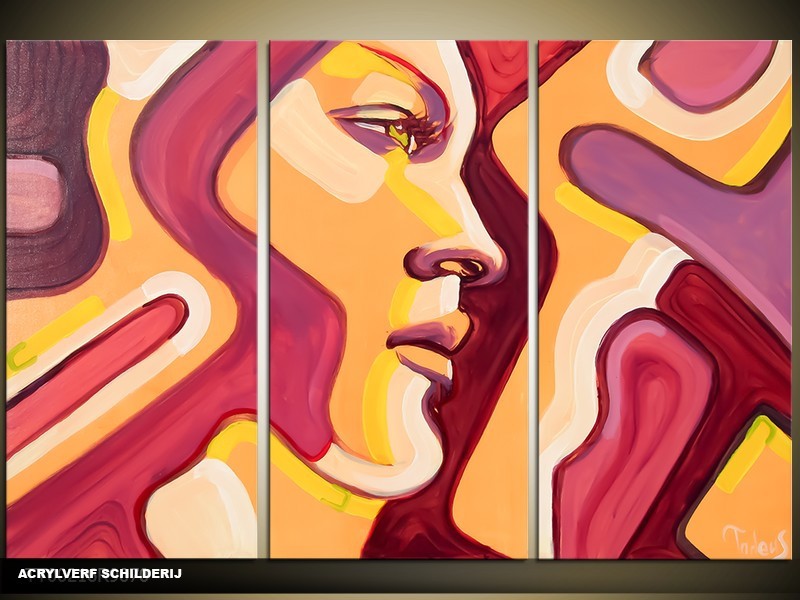 Acryl Schilderij Vrouw | Geel, Paars | 120x80cm 3Luik Handgeschilderd