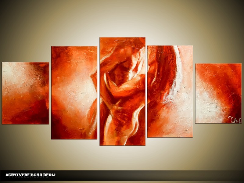Acryl Schilderij Kunst, Sexy | Rood, Oranje | 150x70cm 5Luik Handgeschilderd