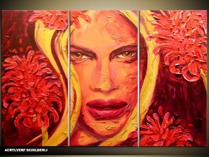 Acryl Schilderij Vrouw | Rood, Geel | 120x80cm 3Luik Handgeschilderd