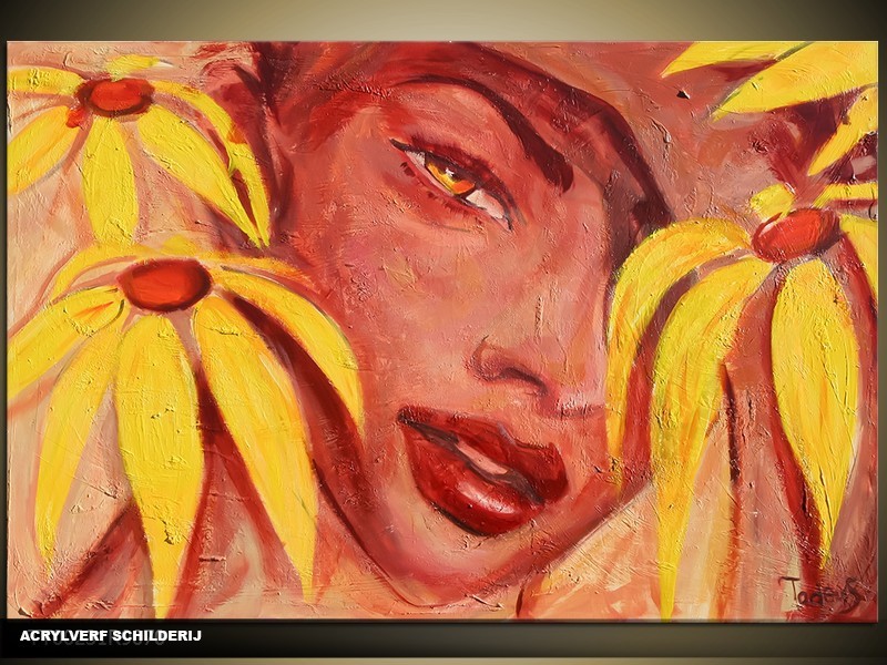 Acryl Schilderij Vrouw | Geel, Bruin | 120x80cm 3Luik Handgeschilderd