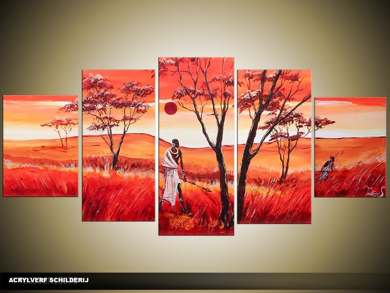 Acryl Schilderij Natuur | Rood, Oranje | 150x70cm 5Luik Handgeschilderd