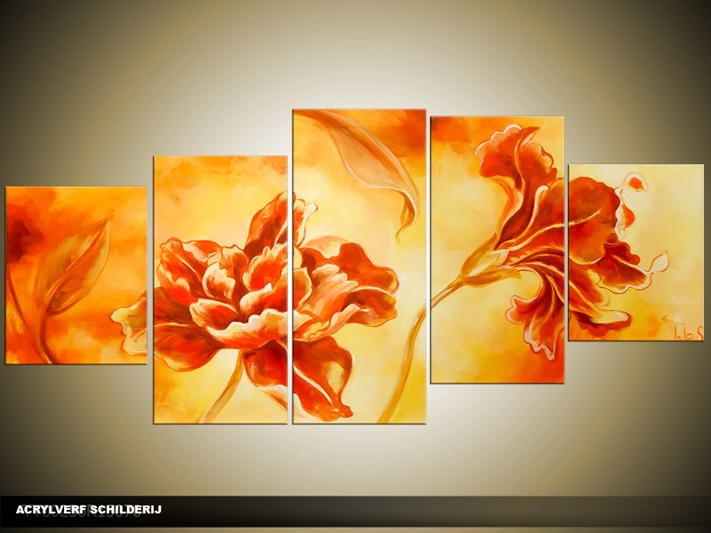 Acryl Schilderij Bloemen | Oranje, Geel | 150x70cm 5Luik Handgeschilderd