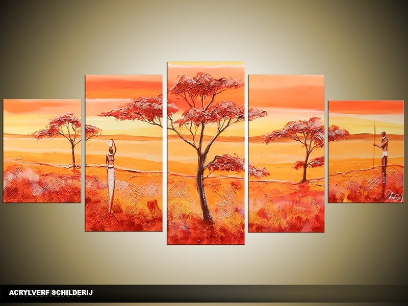 Acryl Schilderij Natuur | Oranje, Rood, Geel | 150x70cm 5Luik Handgeschilderd