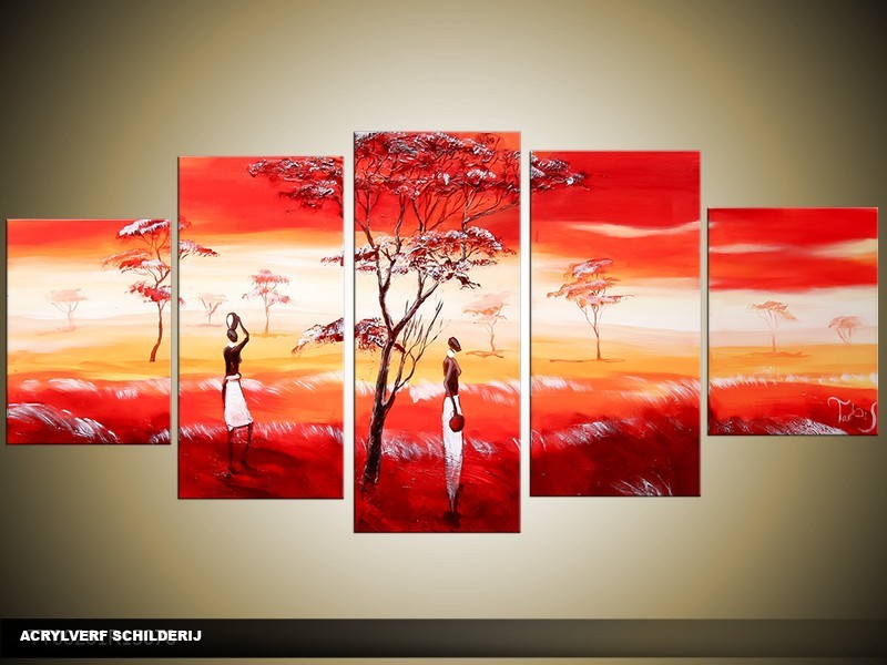 Acryl Schilderij Natuur | Rood, Geel, Wit | 150x70cm 5Luik Handgeschilderd