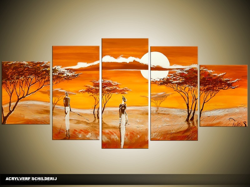 Acryl Schilderij Natuur | Oranje, Bruin, Crème | 150x70cm 5Luik Handgeschilderd