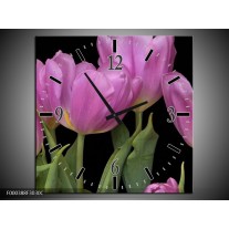 Wandklok op Canvas Tulpen | Kleur: Paars, Groen, Zwart | F000388C