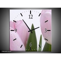 Wandklok op Canvas Tulpen | Kleur: Roze, Wit, Groen | F000389C