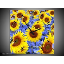 Wandklok op Canvas Zonnebloem | Kleur: Geel, Blauw, Bruin | F000619C