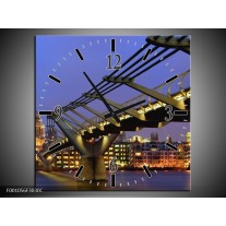 Wandklok op Canvas Brug | Kleur: Blauw, Geel, Goud | F001056C