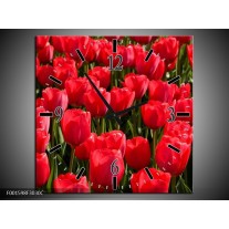 Wandklok op Canvas Tulpen | Kleur: Rood, Groen, Grijs | F001598C