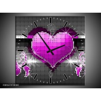 Wandklok op Canvas Hartjes | Kleur: Paars, Grijs, Wit | F001672C