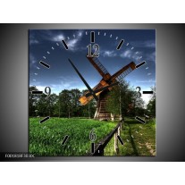 Wandklok op Canvas Molen | Kleur: Groen, Blauw, Bruin | F001818C