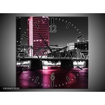 Wandklok op Canvas Brug | Kleur: Zwart, Wit, Roze | F001844C