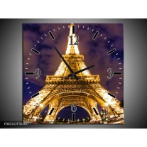 Wandklok op Canvas Eiffeltoren | Kleur: Geel, Paars, Grijs | F002312C