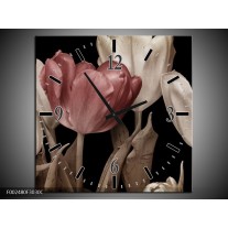 Wandklok op Canvas Tulpen | Kleur: Bruin, Wit, Zwart | F002480C