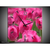 Wandklok op Canvas Tulp | Kleur: Roze, Groen | F002627C