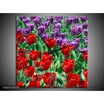 Wandklok op Canvas Tulp | Kleur: Rood, Paars, Groen | F002653C